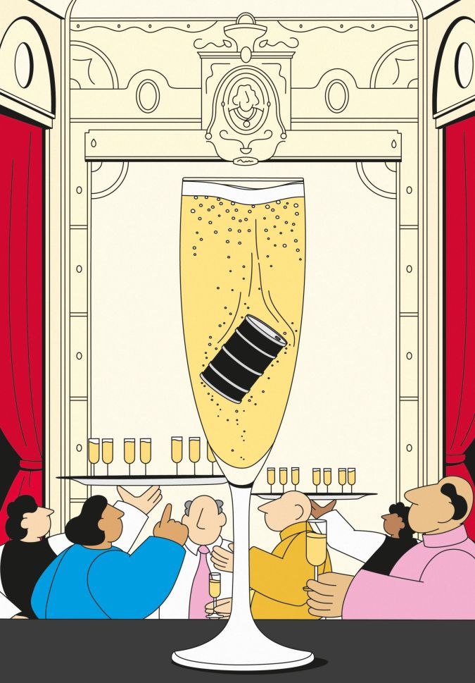 Des gens autour d’une coupe de champagne dans laquelle tombe un baril de pétrole