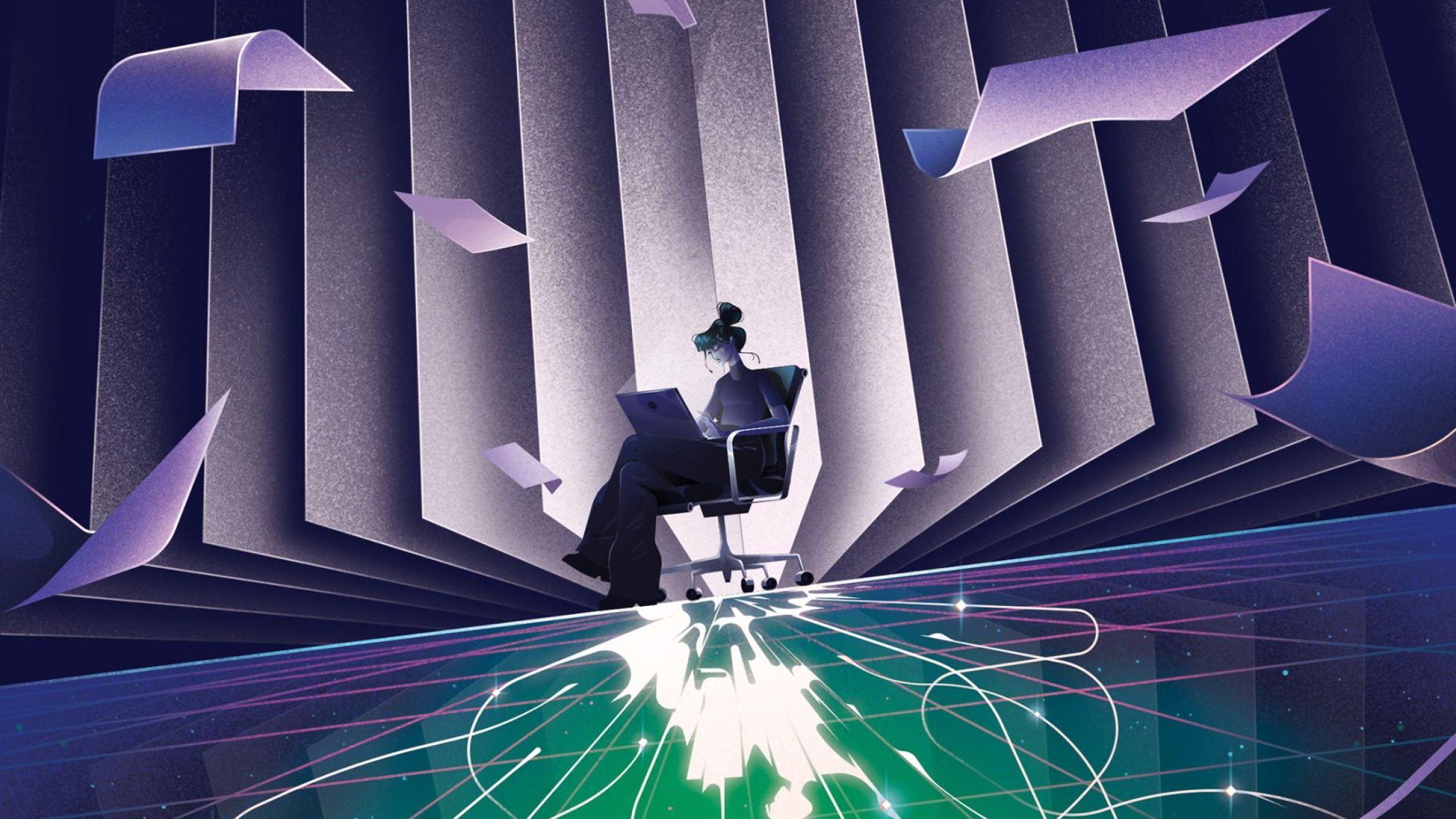 Une femme écrit sur un ordinateur dans une ambiance SF