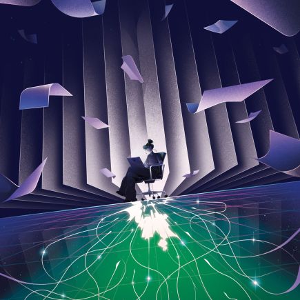 Une femme &eacute;crit sur un ordinateur dans une ambiance SF