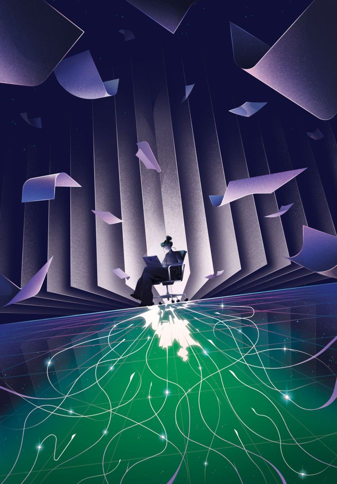 Une femme écrit sur un ordinateur dans une ambiance SF