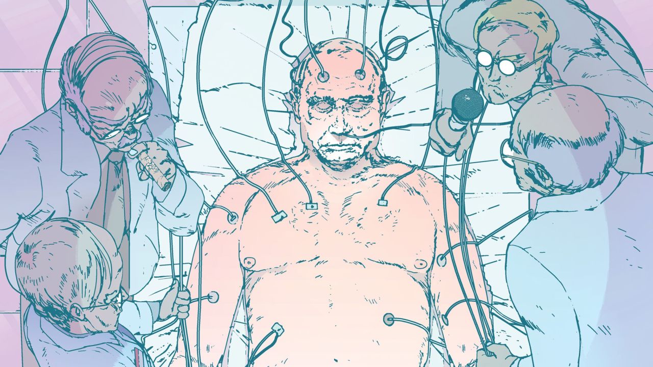 Poutine sur un lit d’hôpital entouré d’apparatchiks