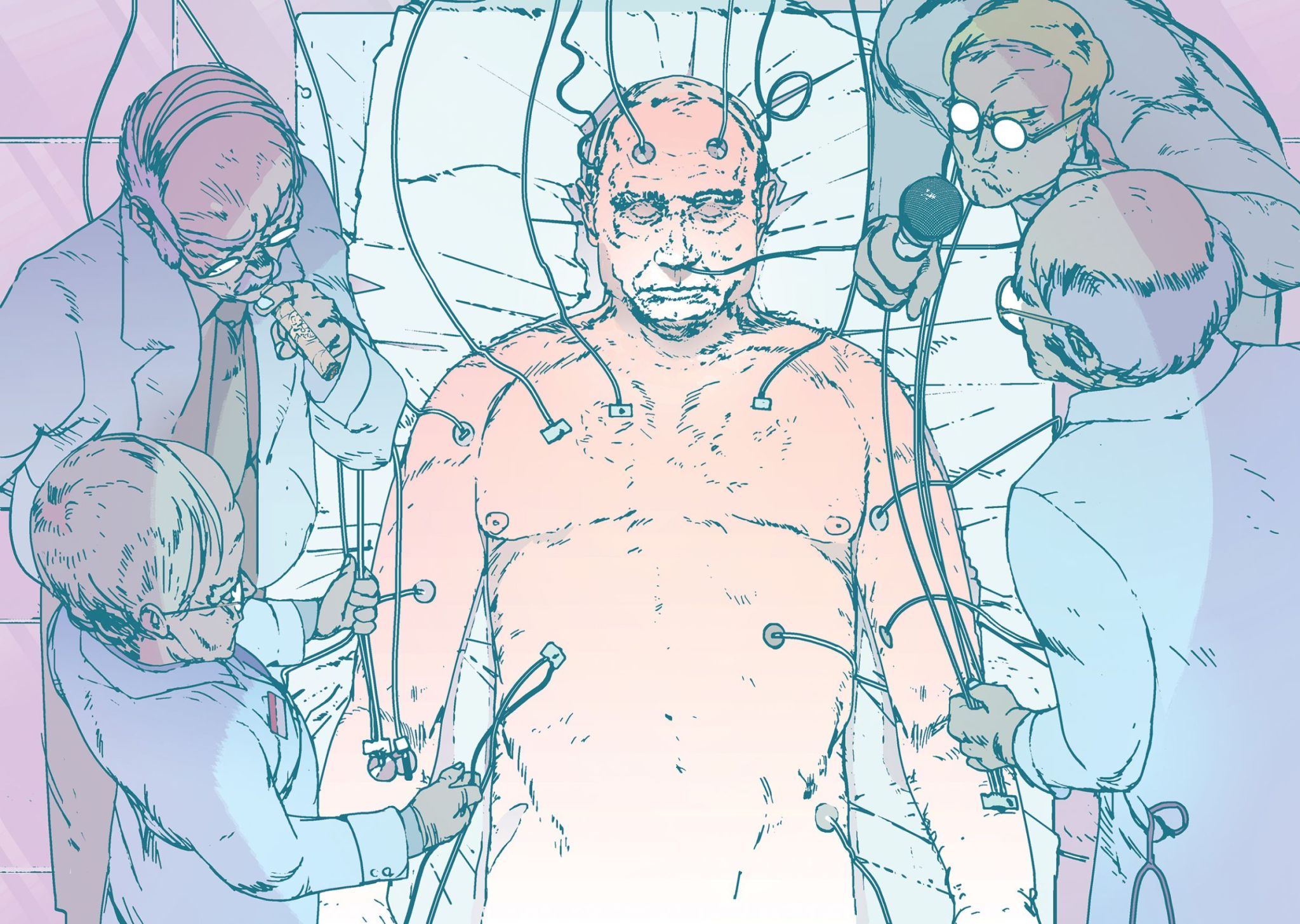 Poutine sur un lit d’hôpital entouré d’apparatchiks