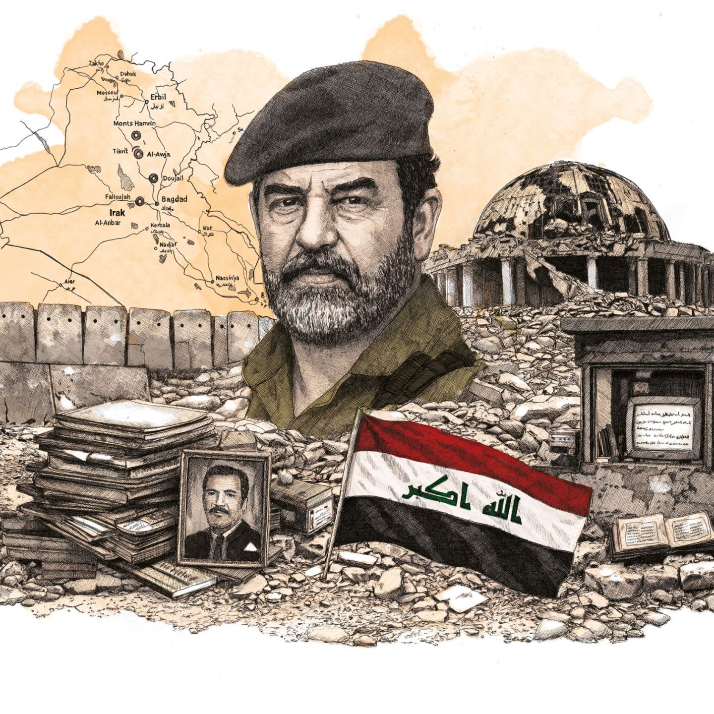 portrait de Saddam Hussein sur fond d’Irak en ruines