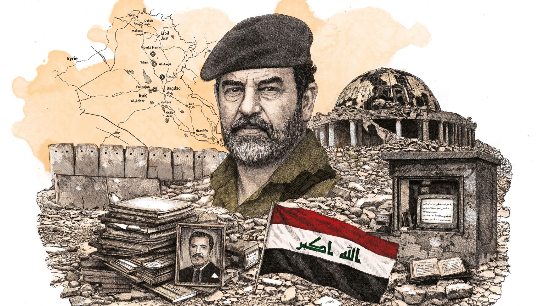 portrait de Saddam Hussein sur fond d’Irak en ruines