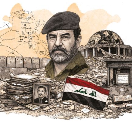 portrait de Saddam Hussein sur fond d&rsquo;Irak en ruines