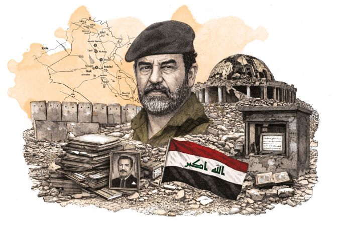 portrait de Saddam Hussein sur fond d’Irak en ruines