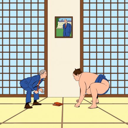 un homme en costume face &agrave; un sumo sur le tatami, sous un portrait du pr&eacute;sident Chirac