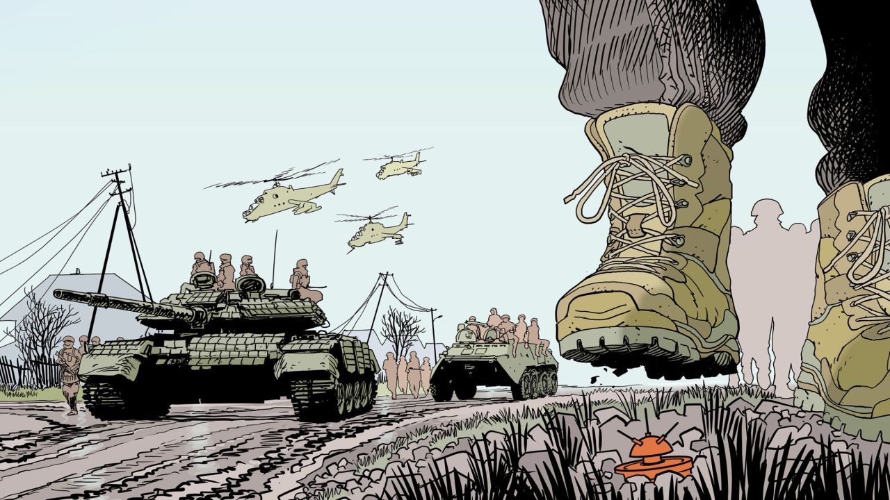 Des chars, une mine sur laquelle va marcher un homme