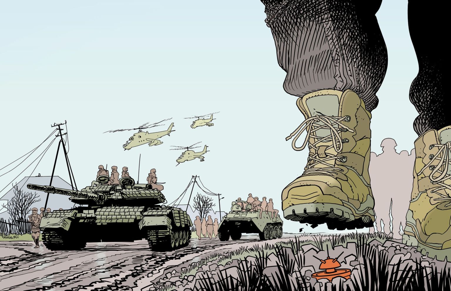 Des chars, une mine sur laquelle va marcher un homme