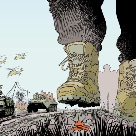 Des chars, une mine sur laquelle va marcher un homme