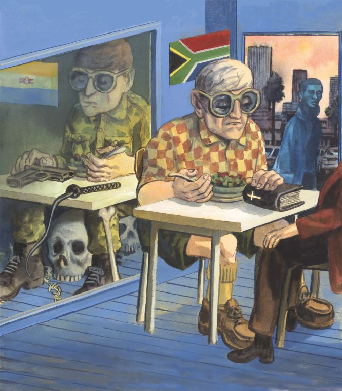 l’ancien bourreau de l’apartheid Eugene de Kock assis à une table