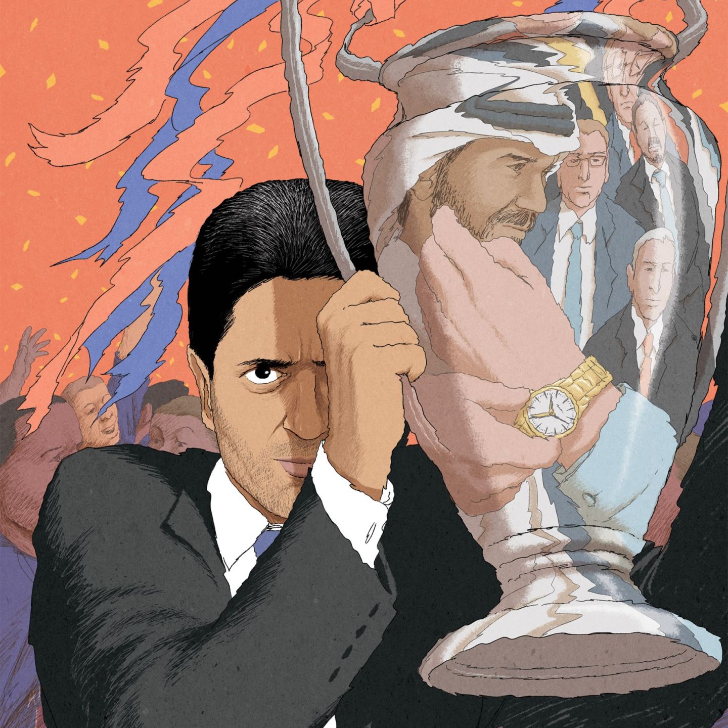 Nasser al-Khelaïfi tenant une coupe avec le reflet de l'émir du Qatar