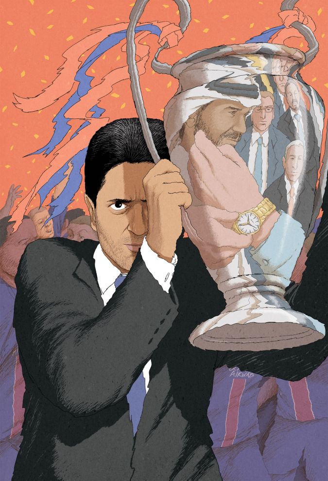 Nasser al-Khelaïfi tenant une coupe avec le reflet de l'émir du Qatar