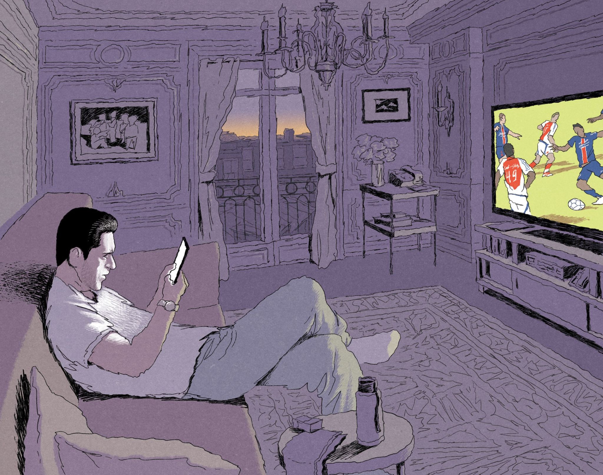 Nasser al-Khelaïfi devant une télé, iPhone à la main