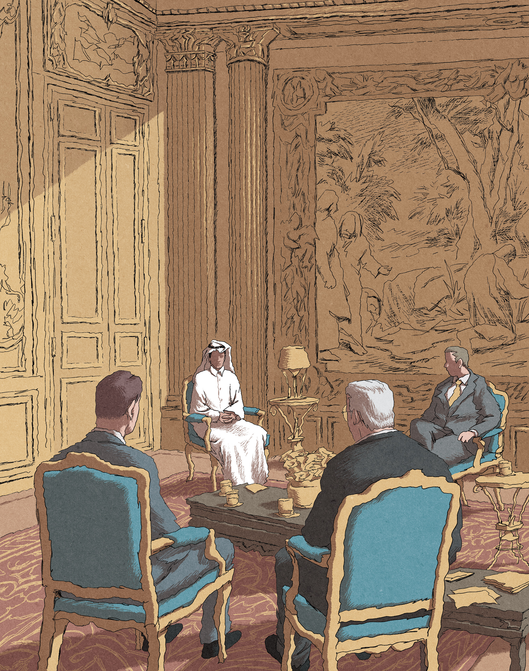 Nasser al-Khela&iuml;fi en thawb dans le salon d'un palace