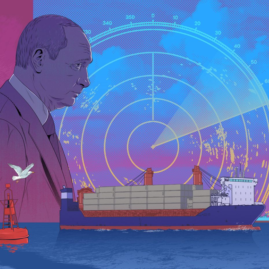 Poutine et un porte-conteneurs sur fond d'écran radar