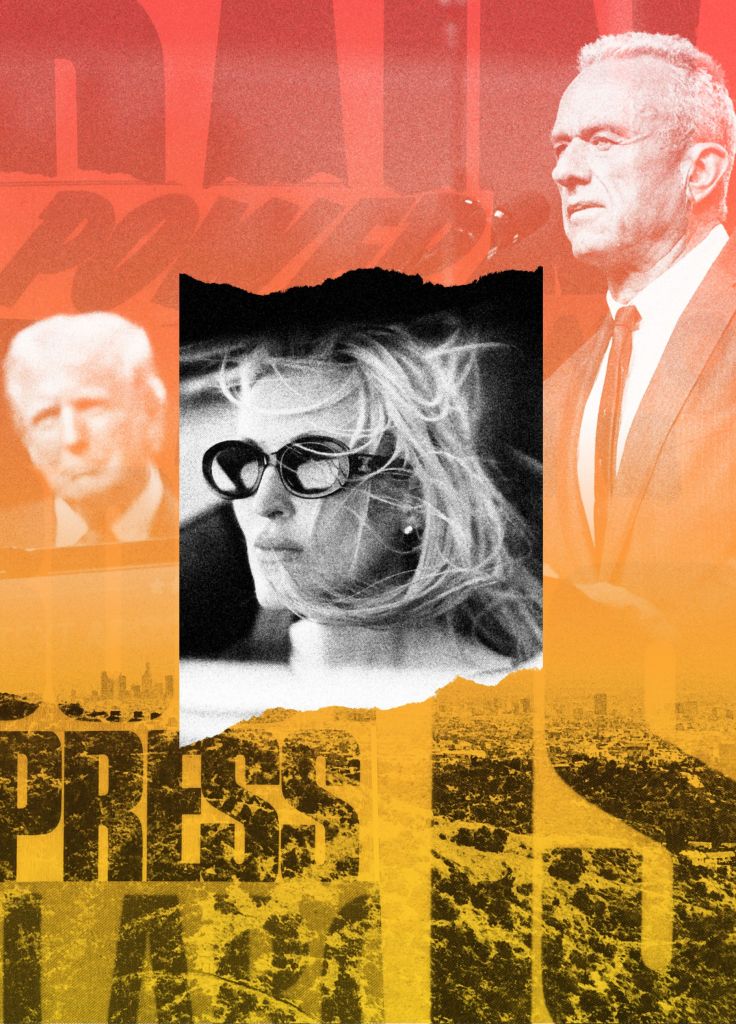 Olivia Nuzzi entourée des photos de Donald Trump et de RFK Jr