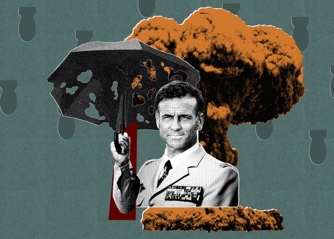 Emmanuel Macron en tenue militaire tenant un parapluie sur fond de champignon atomique