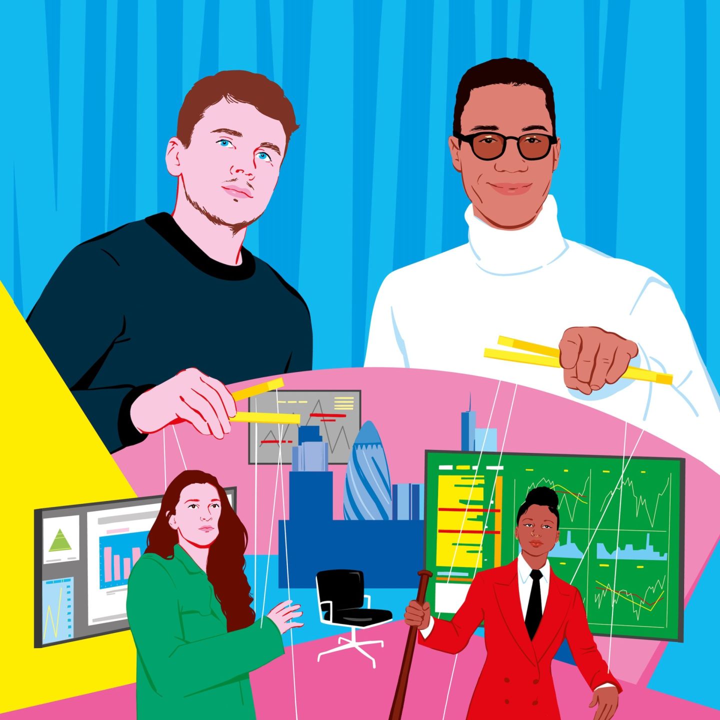 deux hommes dirigeant des marionnettes