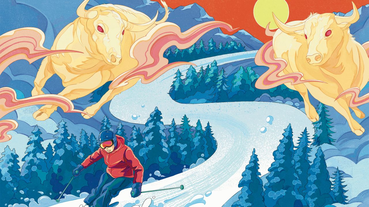 descente à ski et taureaux Red Bull