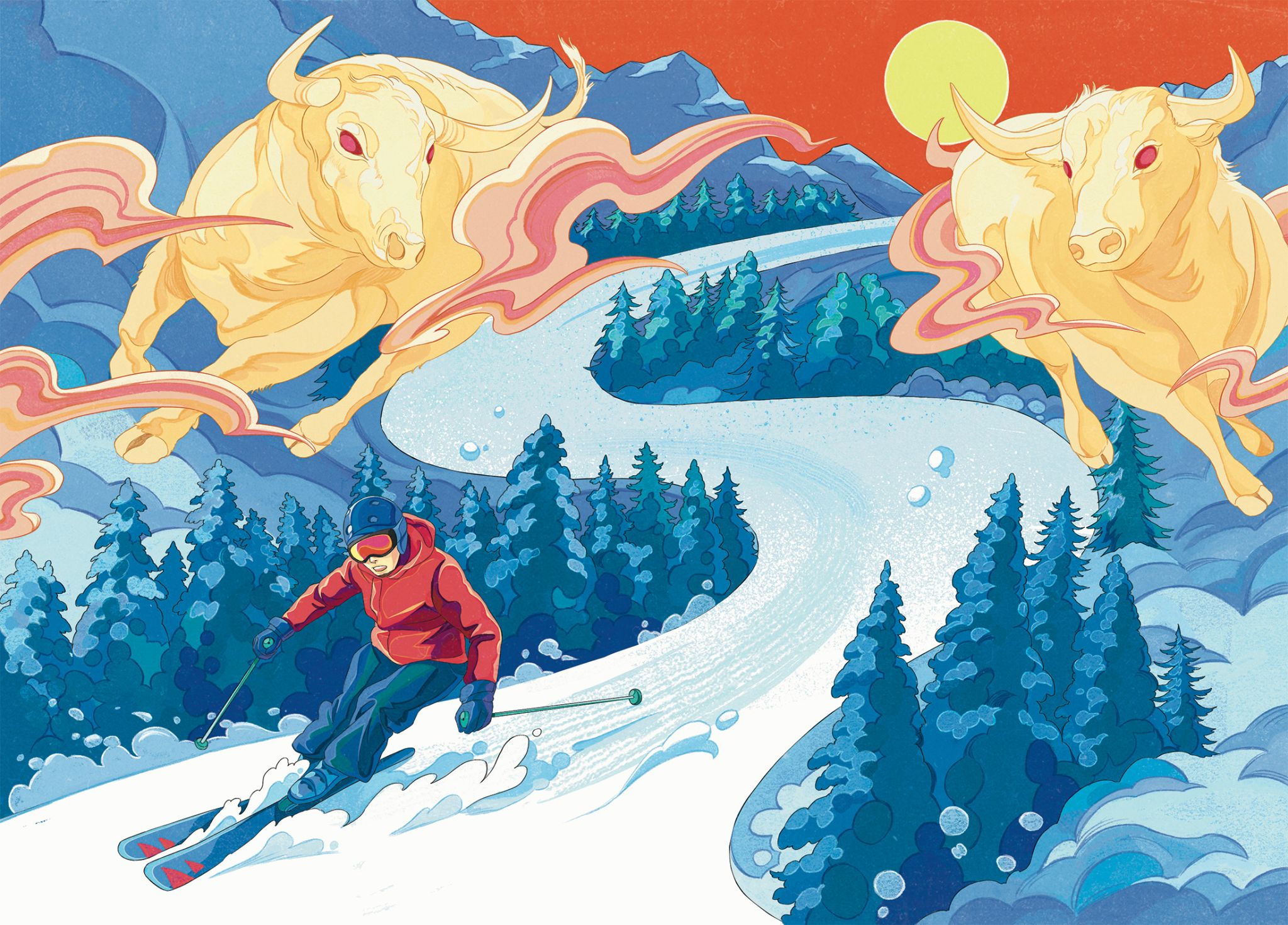 descente à ski et taureaux Red Bull