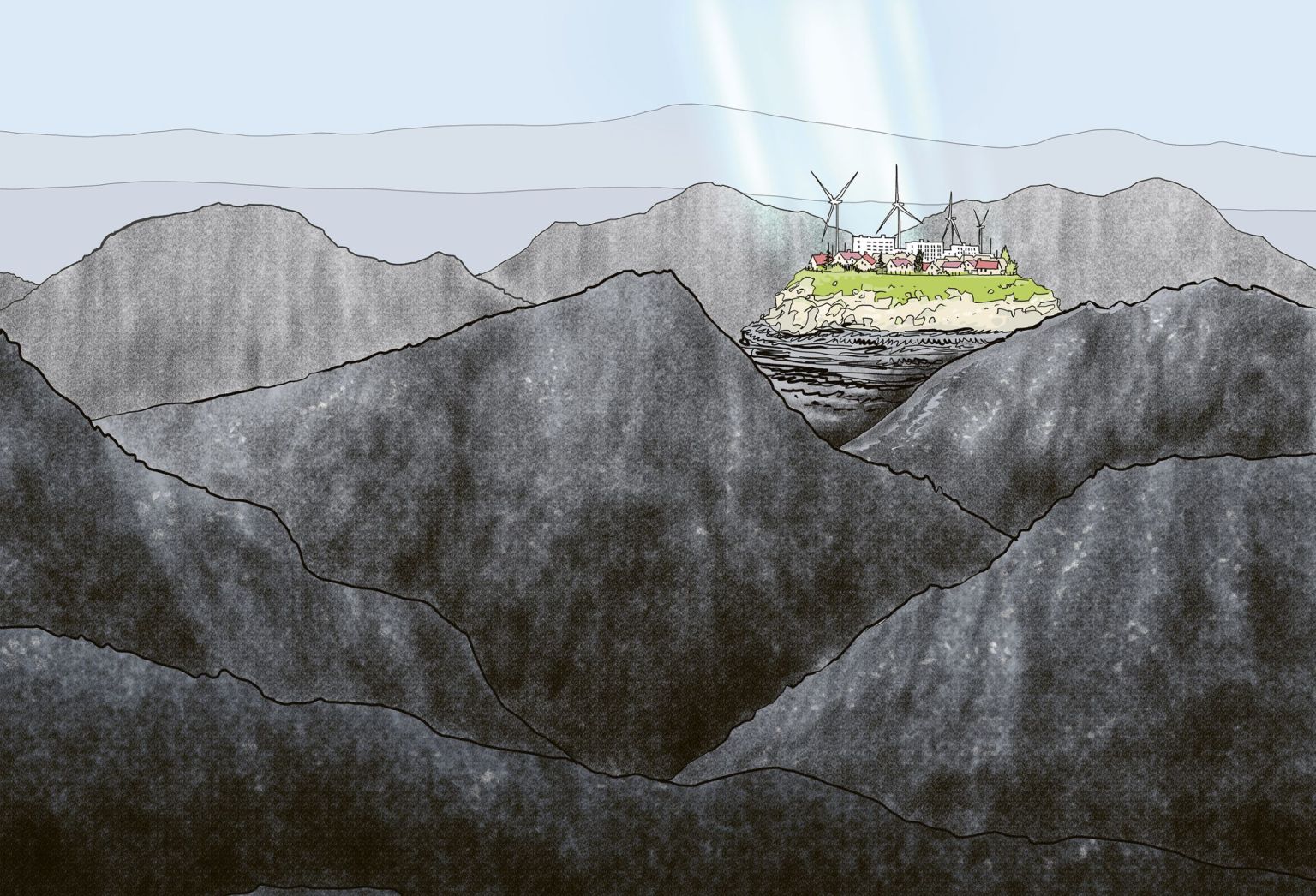 dessin du Kosovo entouré de montagnes de charbon noir