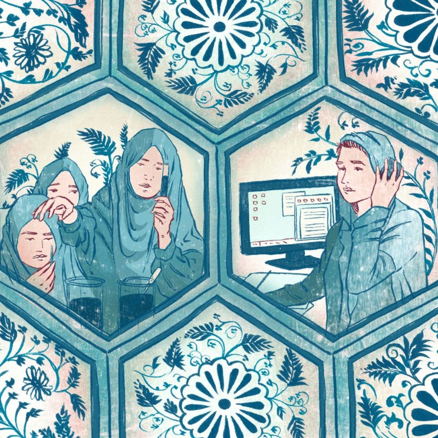 jeunes femmes iraniennes représentées dans des carreaux de mosaïque