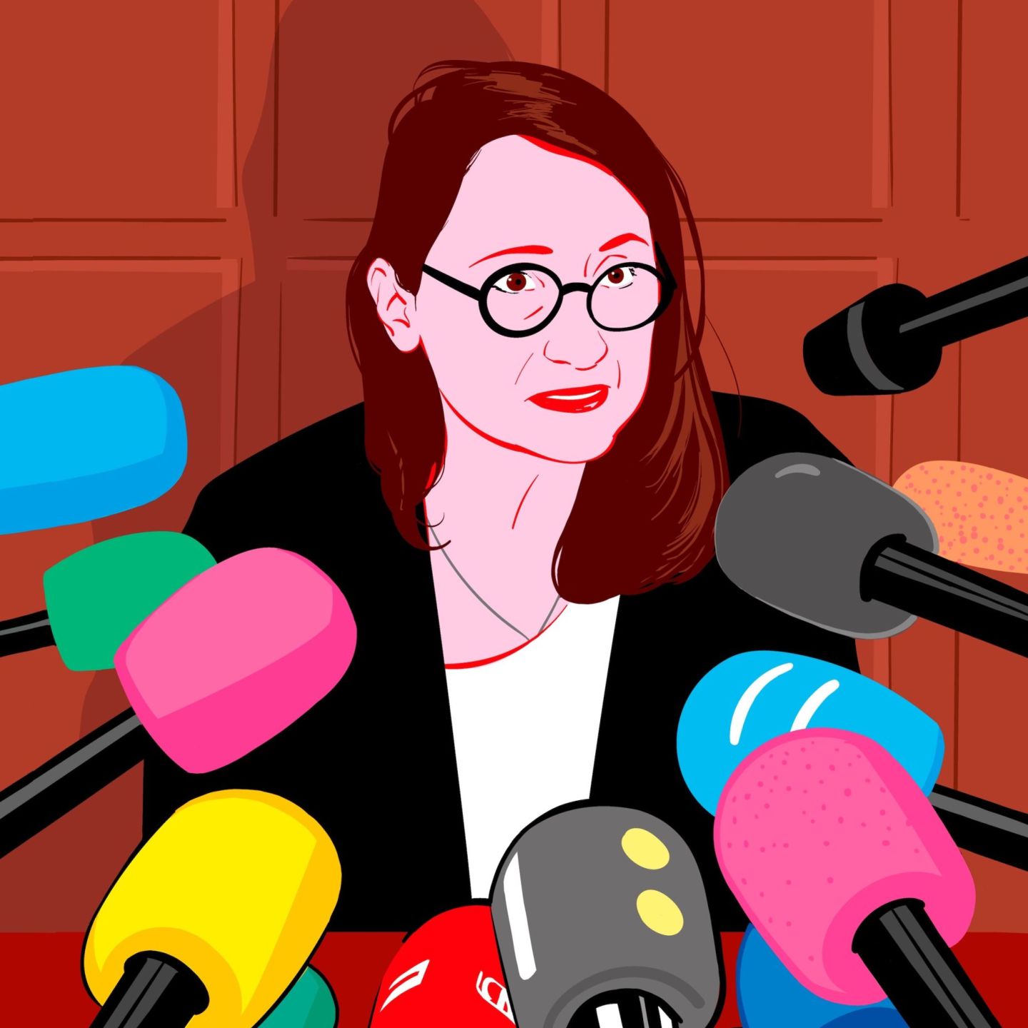 l'avocate Marie Dosé devant une forêt de micros