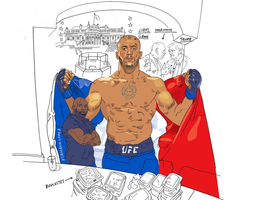 le combattant de MMA Ciryl Gane tenant un drapeau français