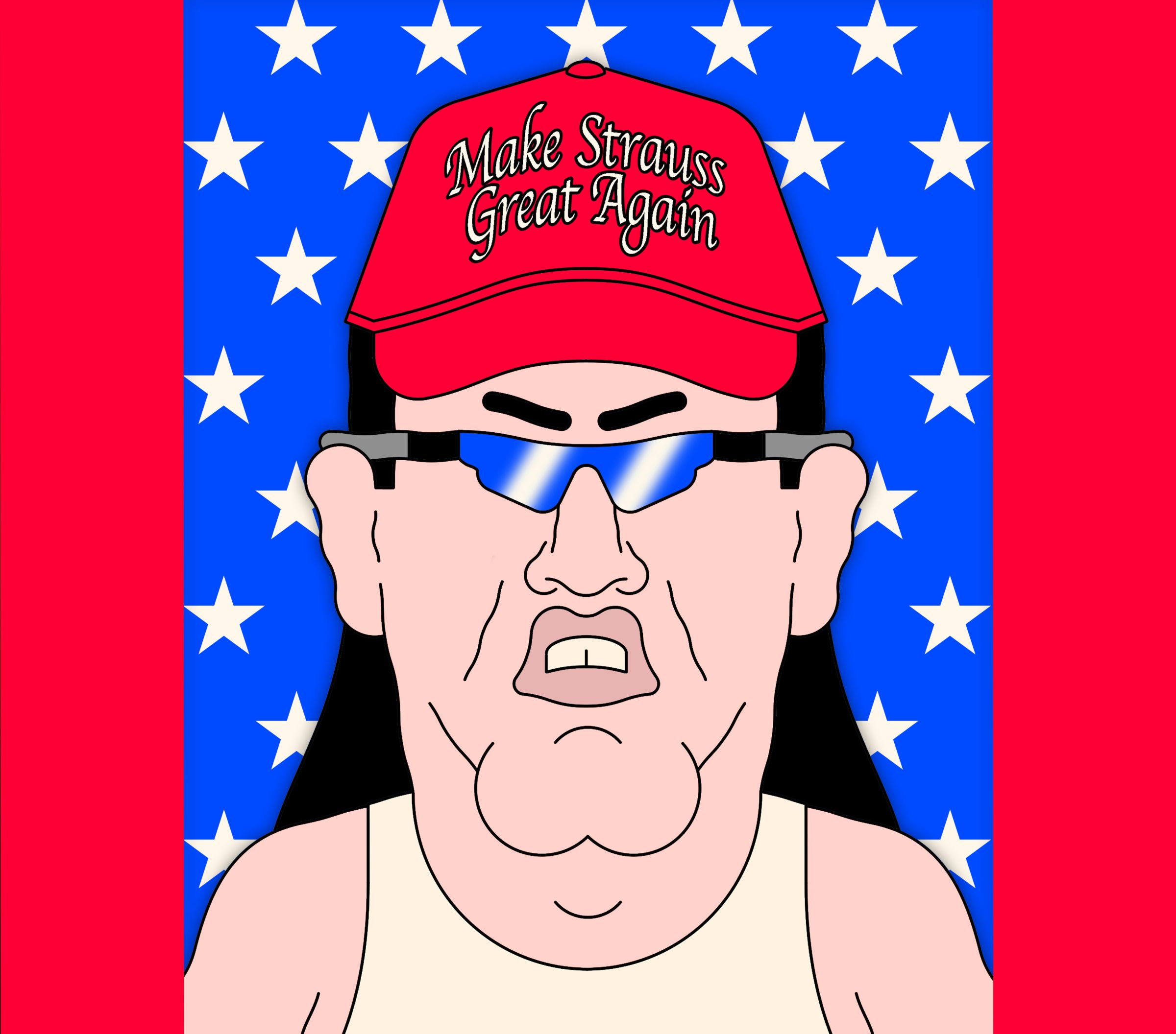caricature de redneck avec une casquette “Make Strauss Great Again”