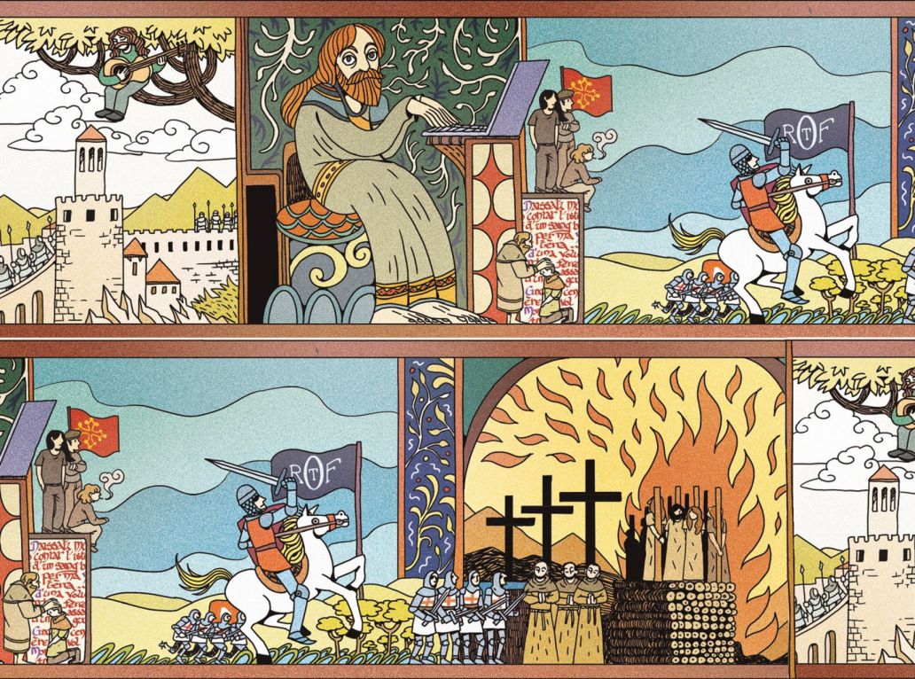 dessin de chevaliers cathares avec Francis Cabrel et un ordinateur