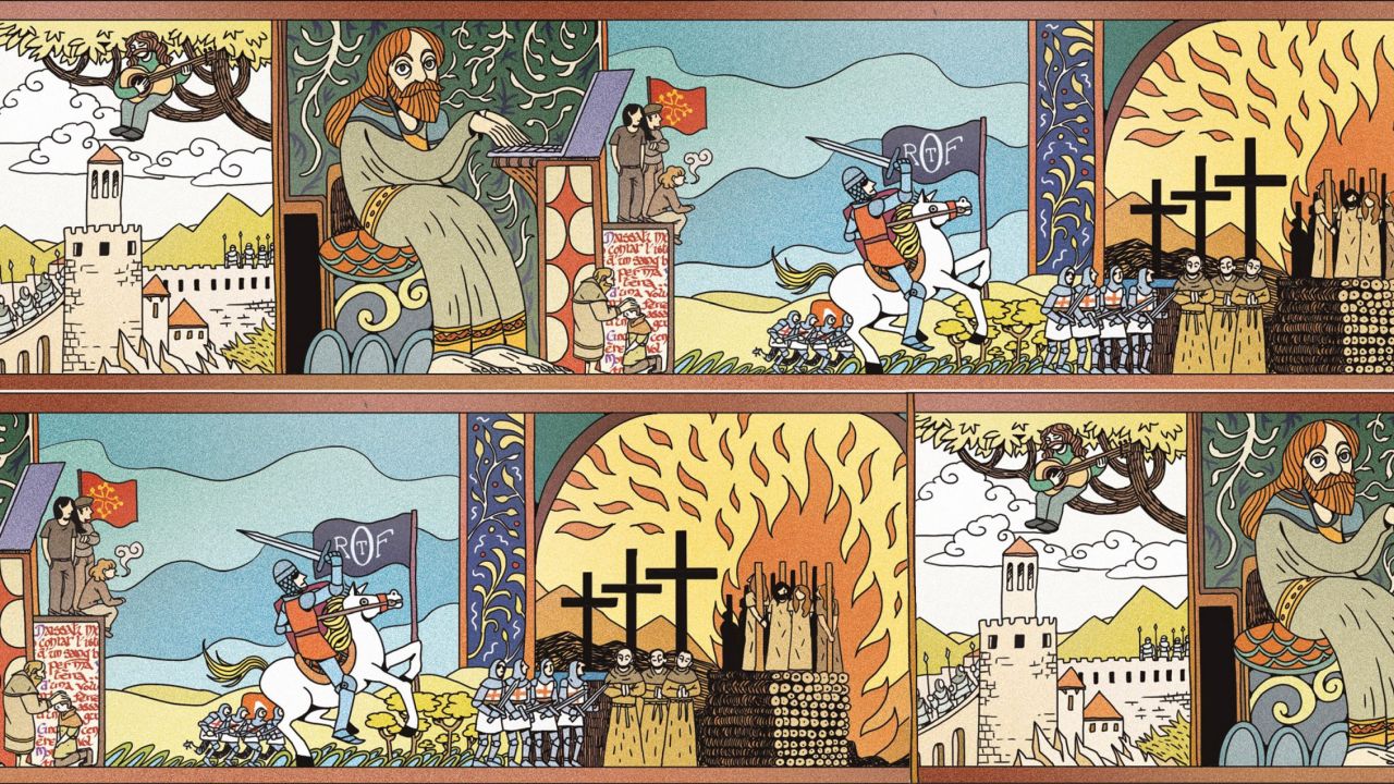 dessin de chevaliers cathares avec Francis Cabrel et un ordinateur