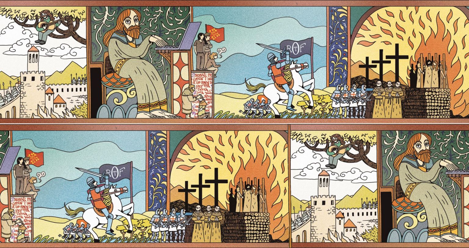 dessin de chevaliers cathares avec Francis Cabrel et un ordinateur