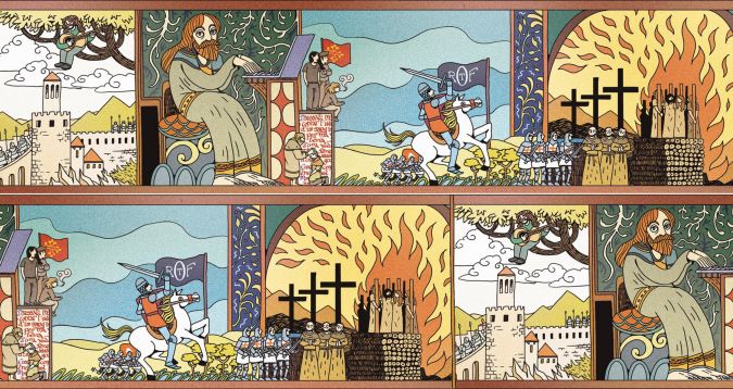 dessin de chevaliers cathares avec Francis Cabrel et un ordinateur