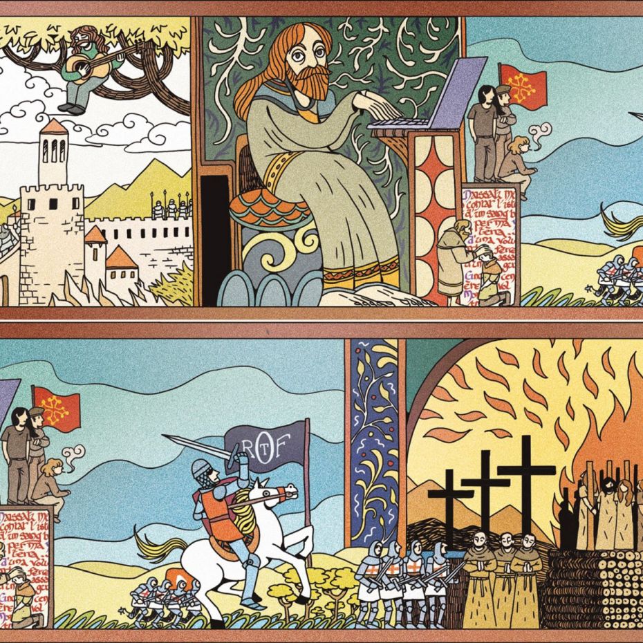 dessin de chevaliers cathares avec Francis Cabrel et un ordinateur