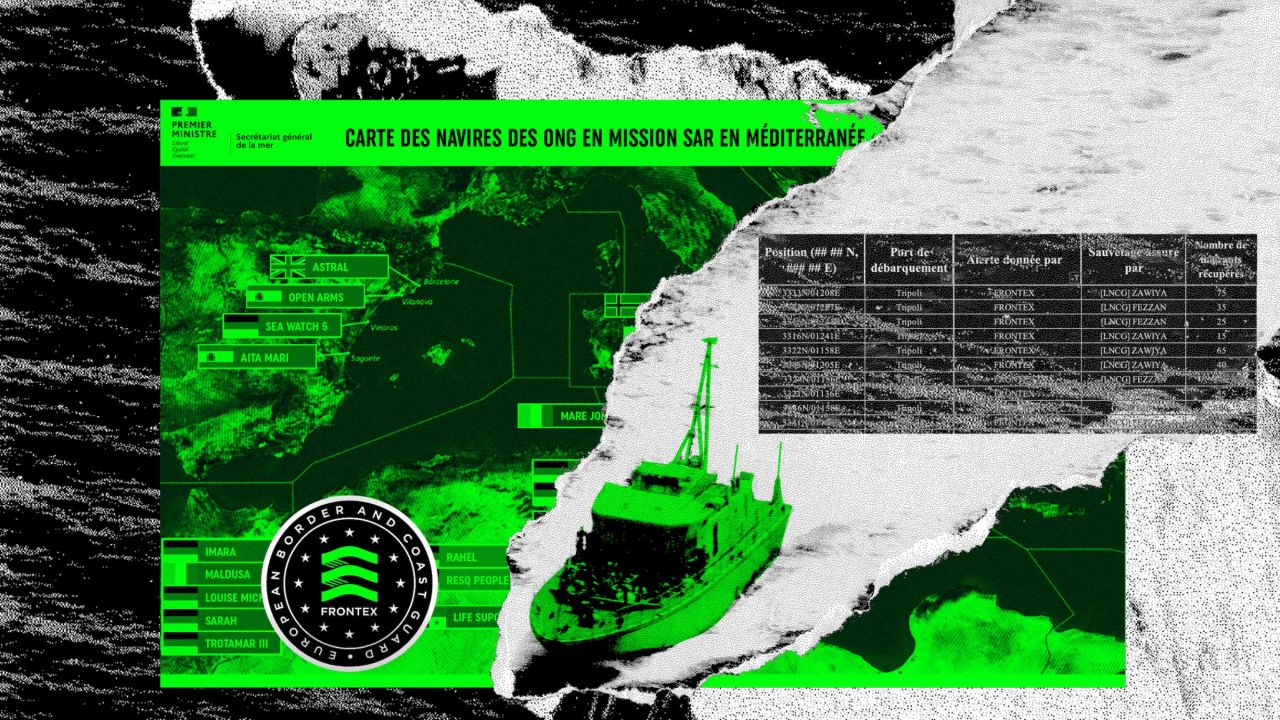 un bateau et la carte des navires des ONG de sauvetage des migrants