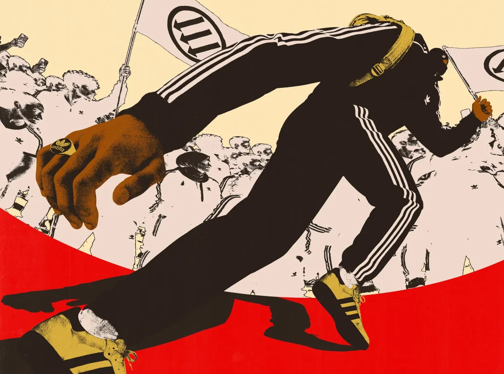 manifestant antifasciste avec baskets et survêtement Adidas
