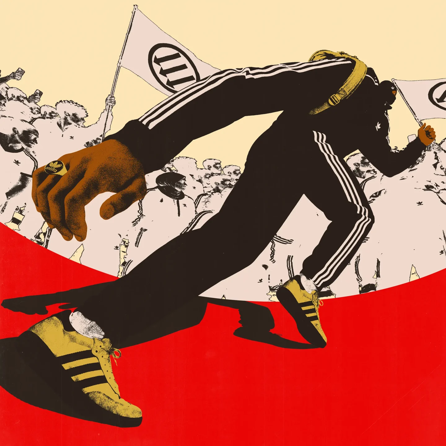 manifestant antifasciste avec baskets et survêtement Adidas