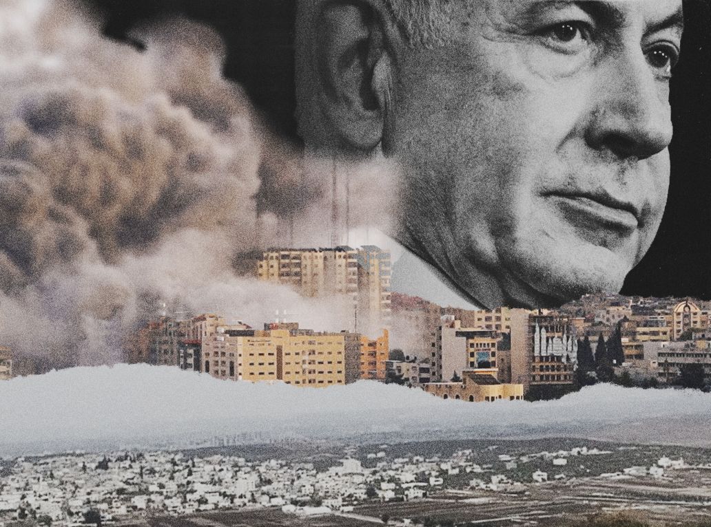 Montage de Benyamin Nétanyahou, la ville de Gaza et la vue depuis le haut de la colonie Peduel en Cisjordanie