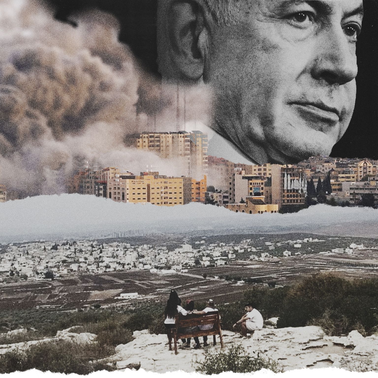 Montage de Benyamin Nétanyahou, la ville de Gaza et la vue depuis le haut de la colonie Peduel en Cisjordanie