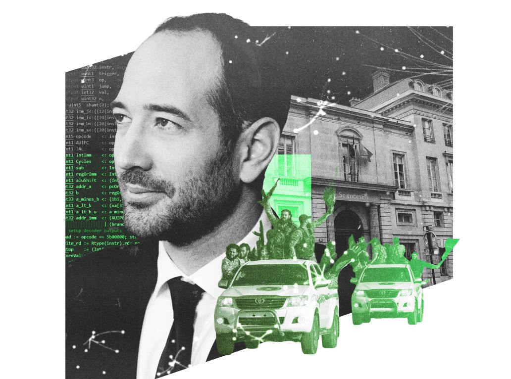 Collage avec Hugo Micheron, une jeep et le drapeau djihadiste et la matrice numérique