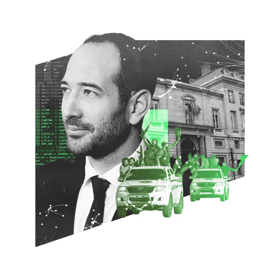Collage avec Hugo Micheron, une jeep et le drapeau djihadiste et la matrice numérique