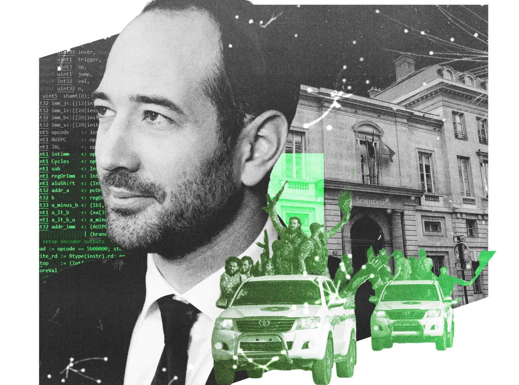 Collage avec Hugo Micheron, une jeep et le drapeau djihadiste et la matrice numérique