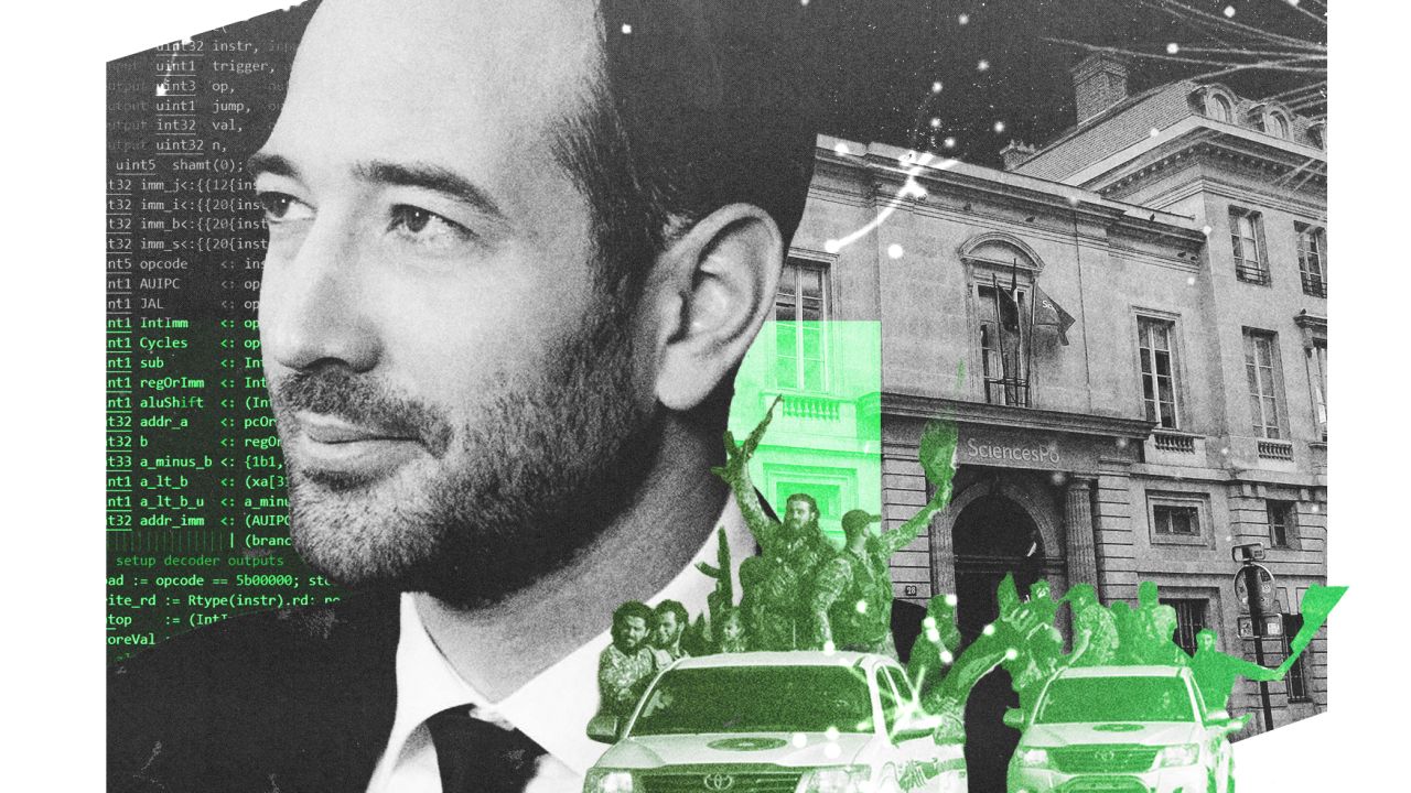 Collage avec Hugo Micheron, une jeep et le drapeau djihadiste et la matrice numérique