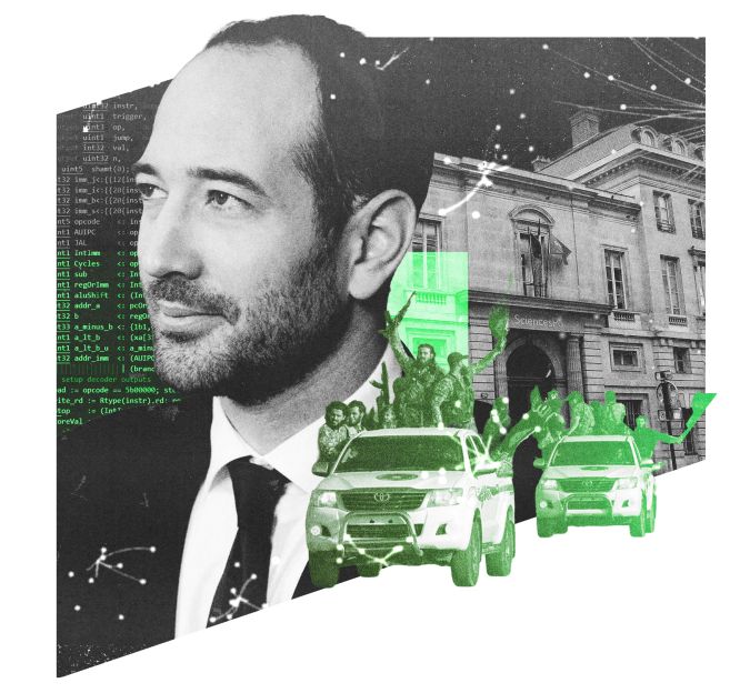 Collage avec Hugo Micheron, une jeep et le drapeau djihadiste et la matrice numérique