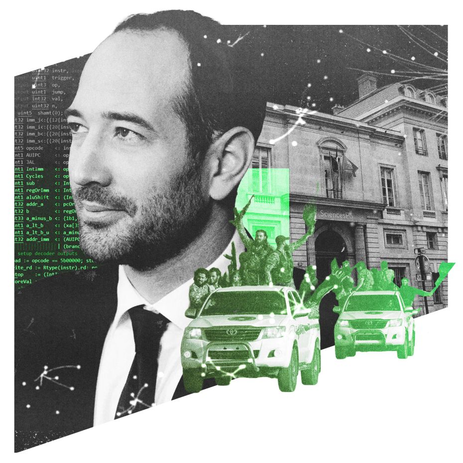 Collage avec Hugo Micheron, une jeep et le drapeau djihadiste et la matrice numérique