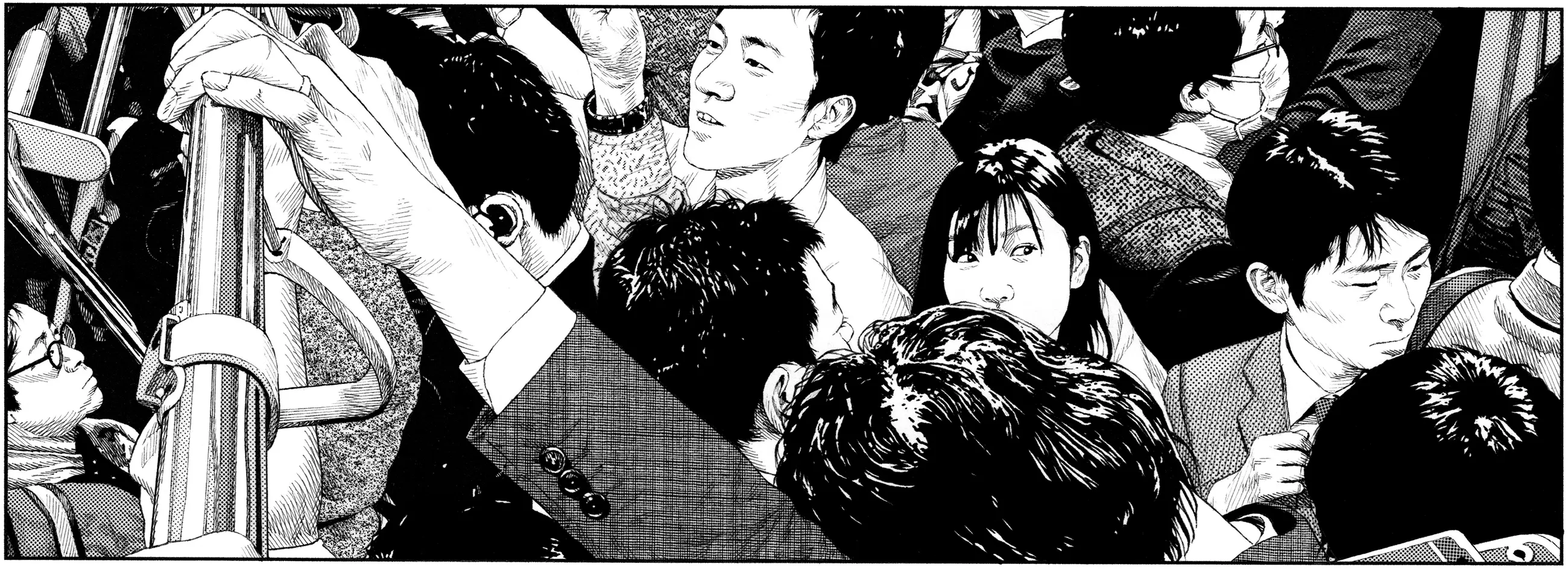 jeune fille entre des hommes dans le m&eacute;tro