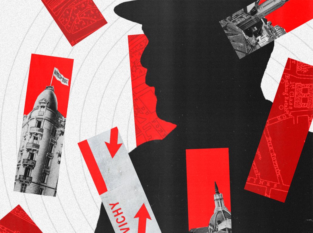 Collage avec l'ombre de Pétain et l’hôtel du Parc à Vichy.