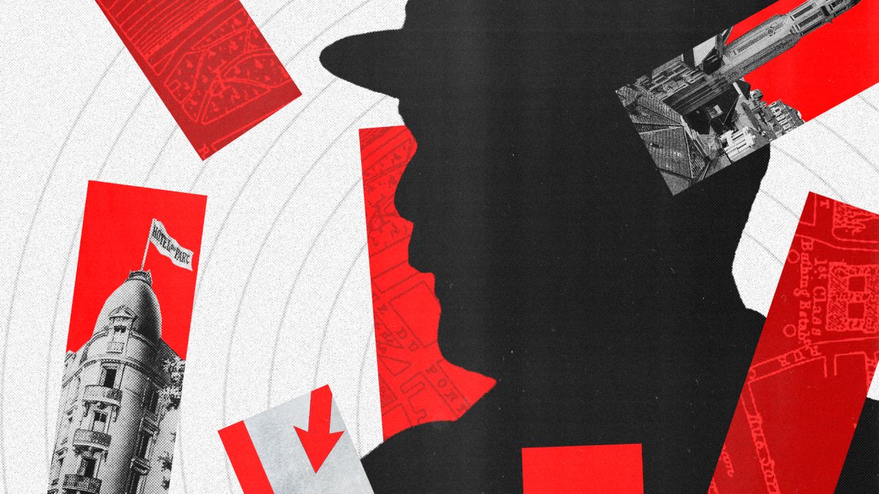 Collage avec l'ombre de Pétain et l’hôtel du Parc à Vichy.