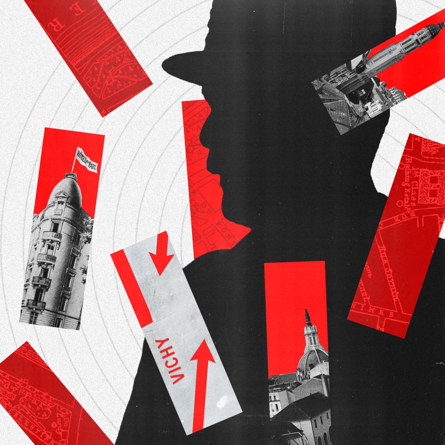 Collage avec l'ombre de Pétain et l’hôtel du Parc à Vichy.